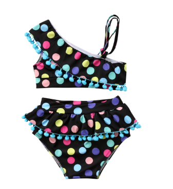 Colorful Polka Dot Swimsuit with Pom Poms Toddler Girl (Black/Turquoise/Pink)