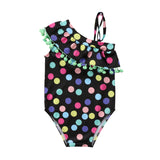 Colorful Polka Dot Swimsuit with Pom Poms Toddler Girl (Black/Turquoise/Pink)