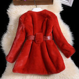 Vegan Fur Belted Maxi Coat Toddler Girl (Red)