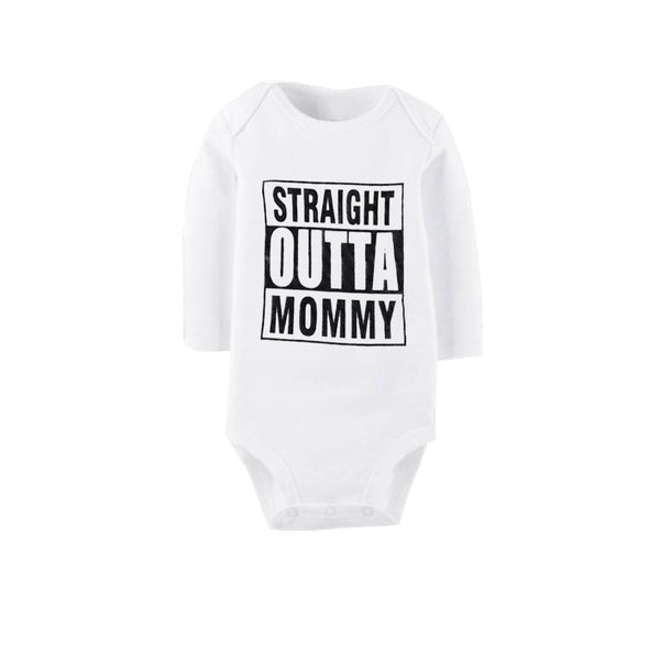 Straight Outta Mommy - Unisex Long Sleeve Onesie Bodysuit Baby Boy Girl (White/Black)