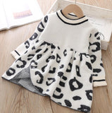 🐆 Long Sleeve Empire Waist Sweater Dress Baby Toddler Girl (White/Tan Leopard Print) 🐆