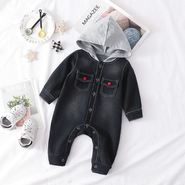 Hooded Distressed Denim Look Jumpsuit Baby Boy (Available in Blue/Black)