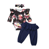 🌸 Floral Print Ruffle Sleeve Onesie, Pants & Headband 3pc. Set Baby Girl (Blue/Black/Wine)🌸
