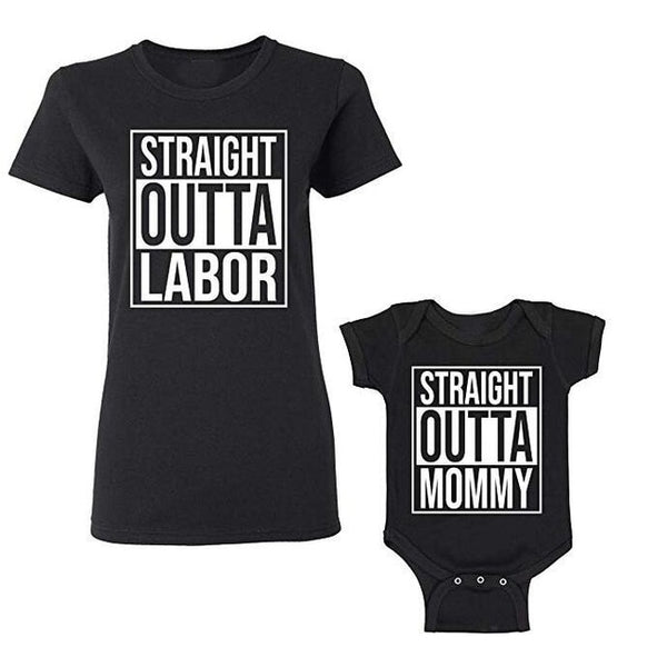 Straight Outta Labor & Straight Outta Mommy Matching T-Shirt and Onesie (Black/White/Gray)