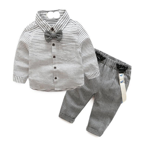 Long Sleeved Collar Shirt With Bow Tie and Suspender Pants Baby Boy (Gray & White)