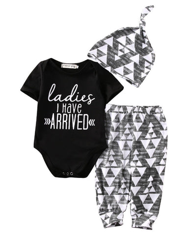 Ladies I Have Arrived - Onesie, Pants and Hat 3pc. Set Baby Boy (Black & White)