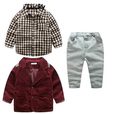 Blazer, Plaid Collar Shirt and Jeans 3pc. Clothing Set Toddler Boy (Available in Blue, Green or Burgundy)