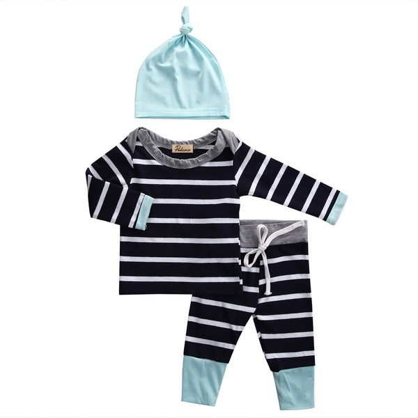 Striped 3pc. Long Sleeved Top, Pants and Hat Set Baby Boy (Black and Blue Multi)