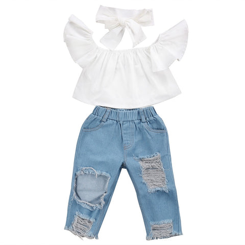 Ruffled Sleeve Crop Top, Distressed Jeans and Headband 3pc. Set Baby Girl and Toddler (White/Light Blue Wash)