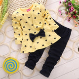 Heart Print Shirt & Bow Tie Pant 2pc. Clothing Set Baby Girl and Toddler (Available in Pink, Yellow or Green)