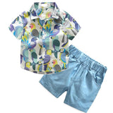 Parrot Print Collar Shirt and Shorts 2pc. Set Toddler Boy (White/Blue/Gray/Green/Purple)