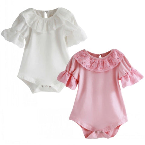 Frilly Flower Lace Collar Ruffle Sleeve Baby Girl Onesie Bodysuit (Available in Pink or White)