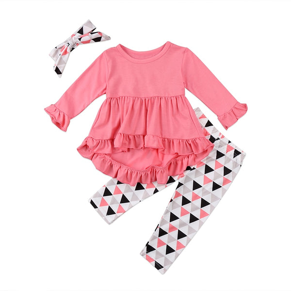 🛆 Ruffled Empire Waist Top & Triangle Print Leggings with Headband 3pc. Set Baby Girl and Toddler (Coral/Gray/Black) 🛆