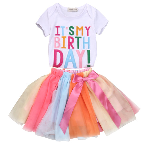 It's My Birthday 🎂 - T-Shirt and Tulle Tutu Skirt 2 pc. Set Baby Girl and Toddler (White & Rainbow Multi)
