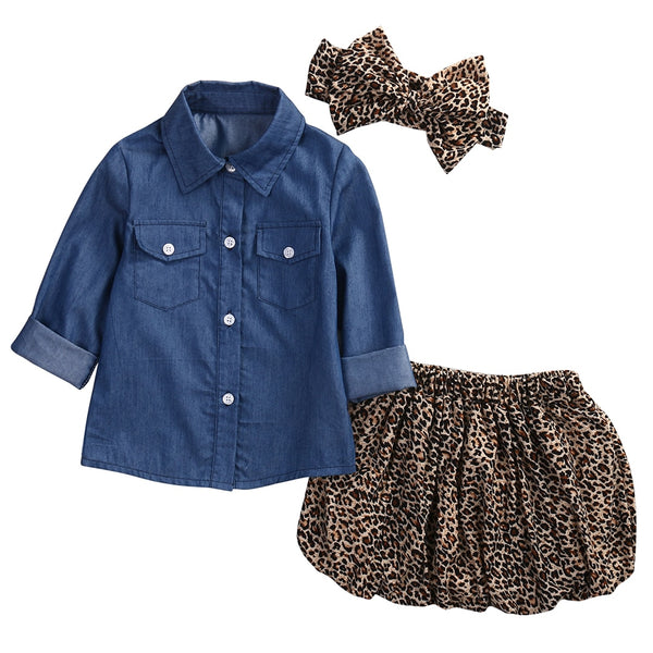 Denim Collar Shirt, Balloon Skirt and Headband 3pc. Set Baby Girl and Toddler (Denim & Leopard) 🐆