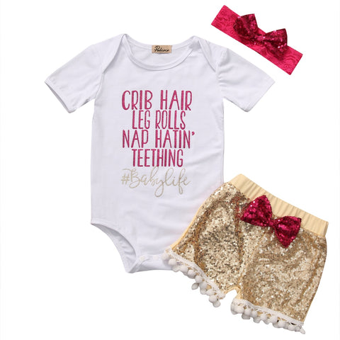 Crib Hair, Legs Rolls, Nap Hatin', Teething #Babylife 🤣 - Onesie, Sequin Shorts and Headband 3pc. Set Baby Girl (White/Gold/Pink)