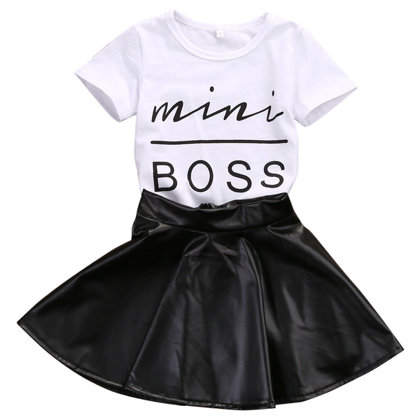 Mini Boss T-Shirt & Faux Leather Skirt Set Toddler Girl (Black & White)