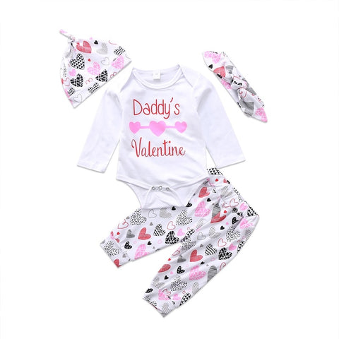 Daddy's Valentine 💘- Heart Print Onesie Bodysuit, Pants, Hat & Headband 4pc. Set Baby Girl (White, Red, Pink & Black)