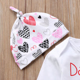 Daddy's Valentine 💘- Heart Print Onesie Bodysuit, Pants, Hat & Headband 4pc. Set Baby Girl (White, Red, Pink & Black)