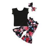 🌹Solid Top & Flower Bell Bottom Pants with Headband 3pc. Set Baby Girl and Toddler (Black/Red Multi)🌹