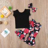 🌹Solid Top & Flower Bell Bottom Pants with Headband 3pc. Set Baby Girl and Toddler (Black/Red Multi)🌹