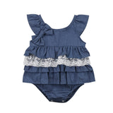 Ruffled Sleeveless Denim Romper with Lace Baby Girl (Medium Blue Wash & White)