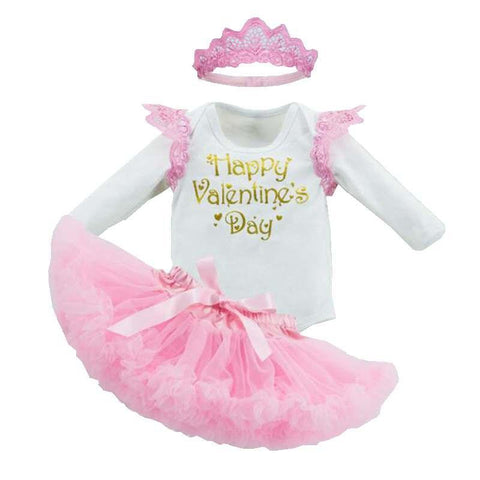 Happy Valentine's Day 💟 - Onesie Bodysuit, Skirt and Tiara 3pc. Set Baby Girl (Pink, Gold & White)