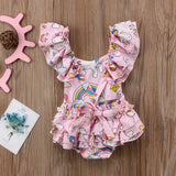🦄🌈⭐🧡 Unicorn & Rainbow Backless Ruffled Shoulder Romper Baby Girl (Pink/Yellow/Blue) 🦄🌈⭐🧡
