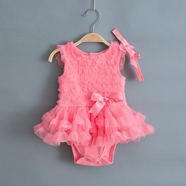 Frilly Lace Tutu Romper with Headband 2 pc. Set Baby Girl and Toddler (Available in Coral, Peach, Pink, Pastel Rainbow and White)