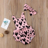 🖤 Heart Print Cross Strap Backless Romper with Headband 2pc. Set Baby Girl (Pink/Black)