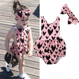 🖤 Heart Print Cross Strap Backless Romper with Headband 2pc. Set Baby Girl (Pink/Black)