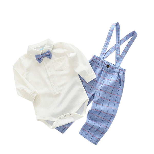 Long Sleeve Collar Onesie & Pants with Suspenders 2pc. Baby Boy and Toddler (White/Blue)