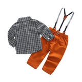 Plaid Collar Shirt and Trousers with Suspenders 2pc. Set Baby Boy (Gray & Rust)