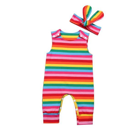 🌈 Striped Tank Jumpsuit with Headband 2pc. Set Baby Girl (Rainbow) 🌈