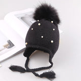 Pearl and Fur Crochet Baby Girl Winter Hat (Black)