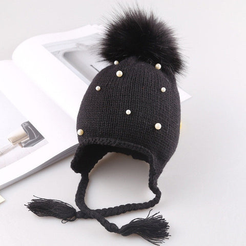 Pearl and Fur Crochet Baby Girl Winter Hat (Black)