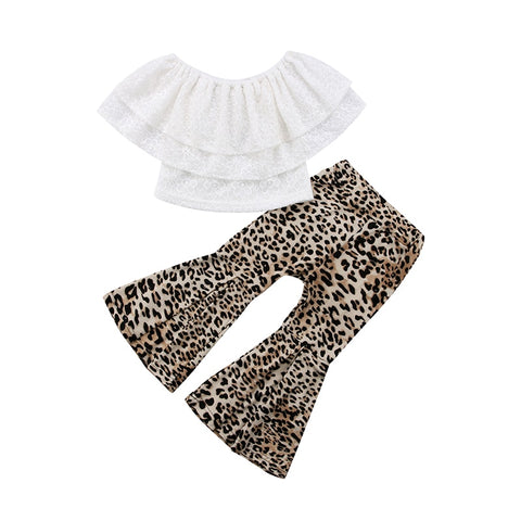 🐆 Lace Off Shoulder Crop Top & Leopard Bell Bottom Pants 2pc. Set Toddler Girl (White/Brown/Tan) 🐆