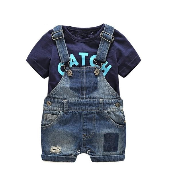 Denim Overall Shorts & T-Shirt 2pc. Set Baby Boy (Navy Blue/Dark Wash)