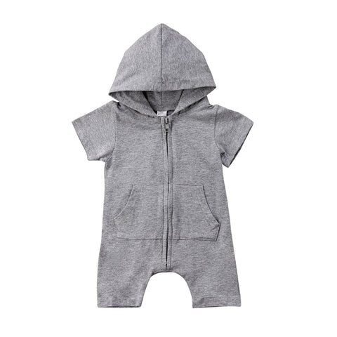 Hooded Zip Front Romper Bodysuit with Pockets Baby Boy (Gray)