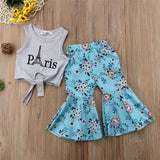 Paris Eiffel Tower Tank Top and Floral Print Bell Bottom 2 pc. Clothing Set Baby Girl Toddler (Gray/Blue Multi)