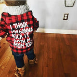 I Think I'm Gonna Kick It with My Mom Today - Unisex Toddler Girl Boy Plaid Flannel Shirt (Red, Black & White)