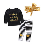 I Woke Up Like This #Flawless - Sweatshirt, Pants and Headband 3pc. Set Baby Girl (Black, White & Gold)