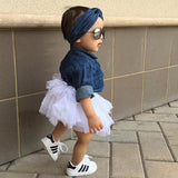 Denim Top, Tulle Tutu Skirt & Denim Headband 3pc. Set Baby Girl and Toddler (Denim & White)