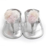 Metallic Thong Baby Sandals with Fur Pom Pom (Pink/Silver/Gold)
