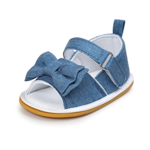 Bow Tie Denim Cross Strap Baby Sandals (Medium Blue Wash/Gingham)
