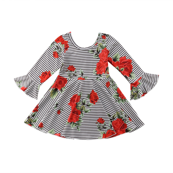 Mod Print Flower 🌹 and Stripe Flare Sleeve and Flare Skirt Dress Toddler Girl (Red & Black Multi)