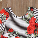 Mod Print Flower 🌹 and Stripe Flare Sleeve and Flare Skirt Dress Toddler Girl (Red & Black Multi)