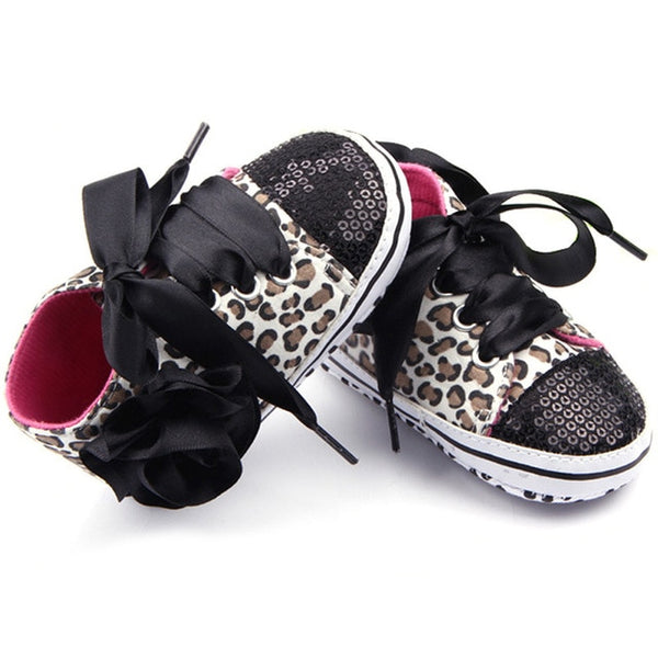 Leopard and Sequin Ribbon Lace Up Sneaker Baby Shoes (3 colors available)