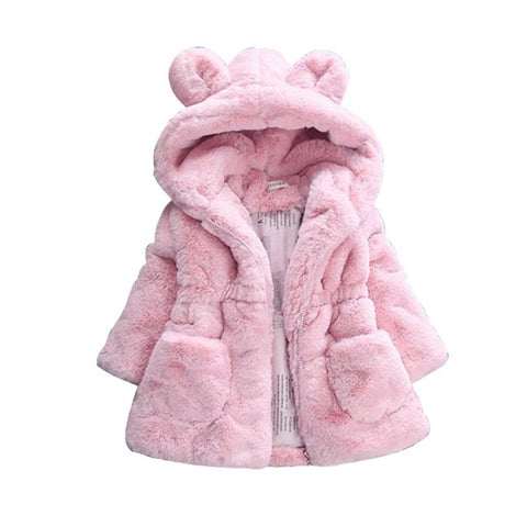 Hooded Vegan Fur Fleece Coat with Animal Ears Toddler Girl (White/Black/Pink/Red)