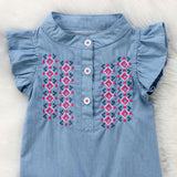 Ruffled Sleeve Embroidered Chambray Jumpsuit Baby Girl (Light Blue & Pink)